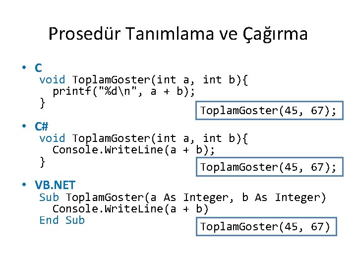 Prosedür Tanımlama ve Çağırma • C void Toplam. Goster(int a, int b){ printf("%dn", a