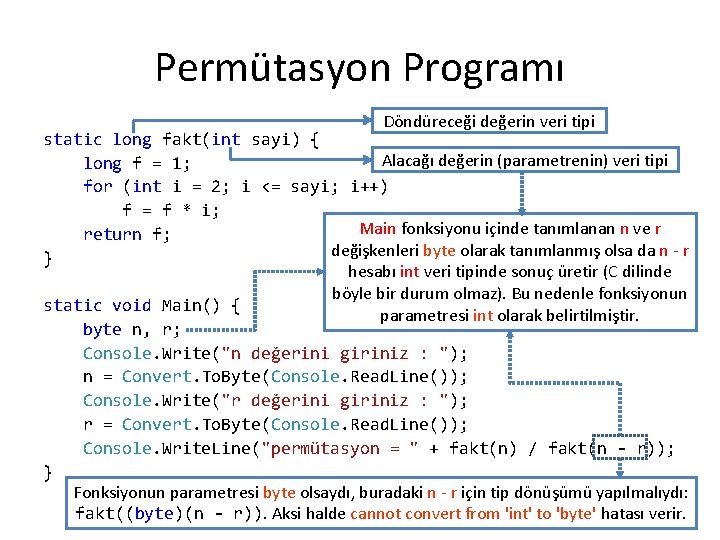 Permütasyon Programı Döndüreceği değerin veri tipi static long fakt(int sayi) { Alacağı değerin (parametrenin)