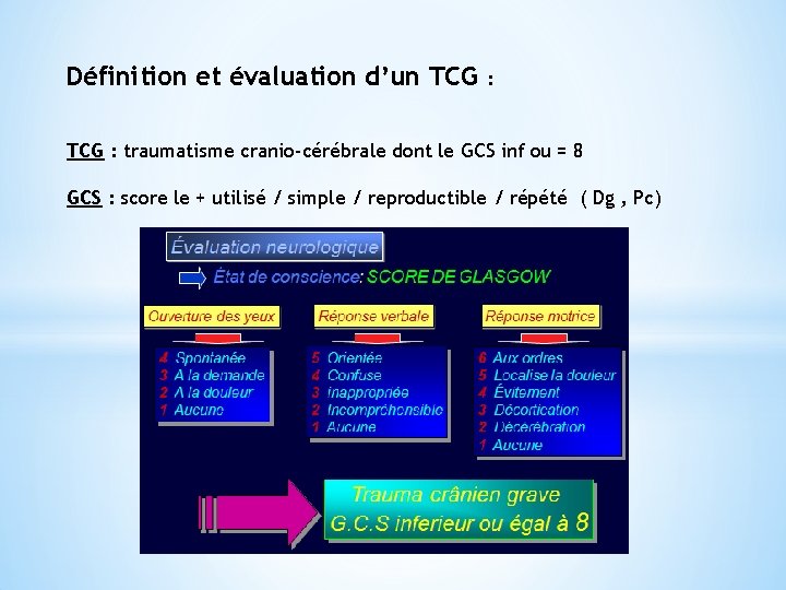 Définition et évaluation d’un TCG : traumatisme cranio-cérébrale dont le GCS inf ou =