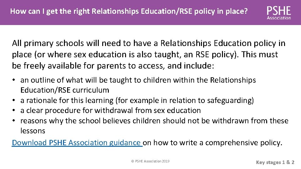 How can I get the right Relationships Education/RSE policy in place? All primary schools