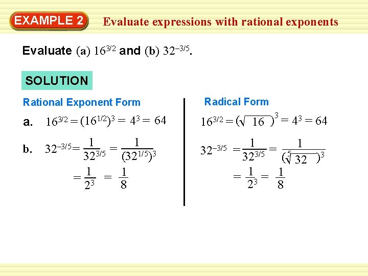 EXAMPLE 2 Evaluate expressions with rational exponents Evaluate (a) 163/2 and (b) 32– 3/5.