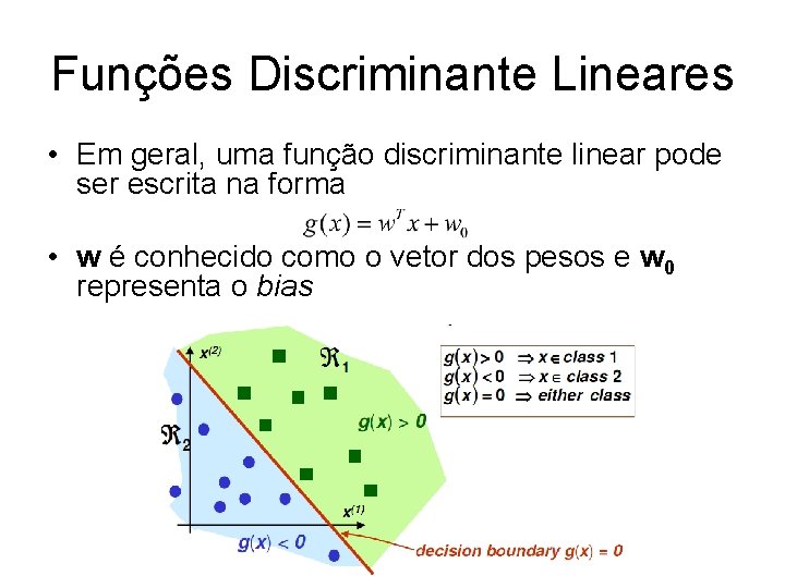 Funções Discriminante Lineares • Em geral, uma função discriminante linear pode ser escrita na
