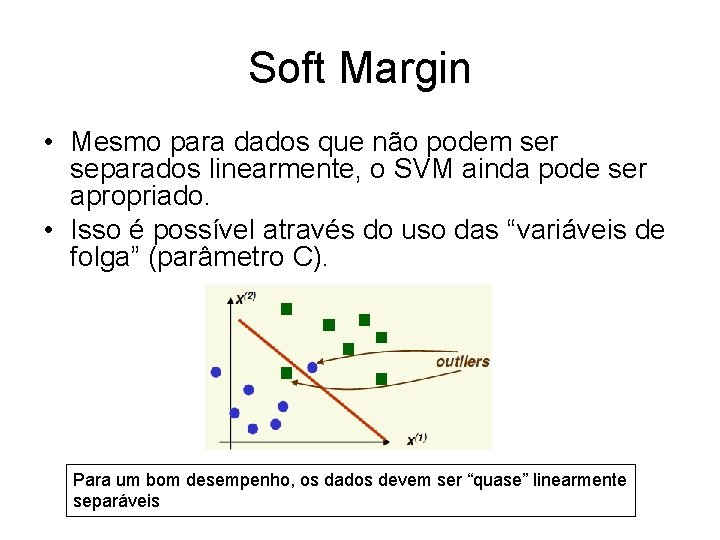 Soft Margin • Mesmo para dados que não podem ser separados linearmente, o SVM