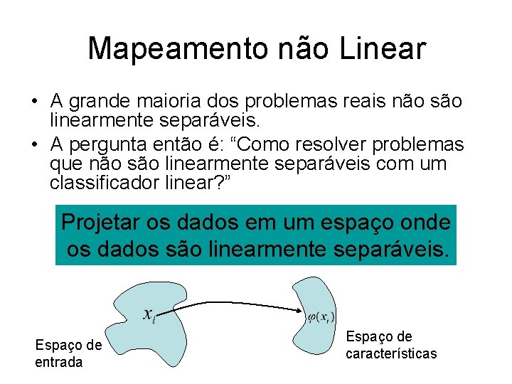 Mapeamento não Linear • A grande maioria dos problemas reais não são linearmente separáveis.