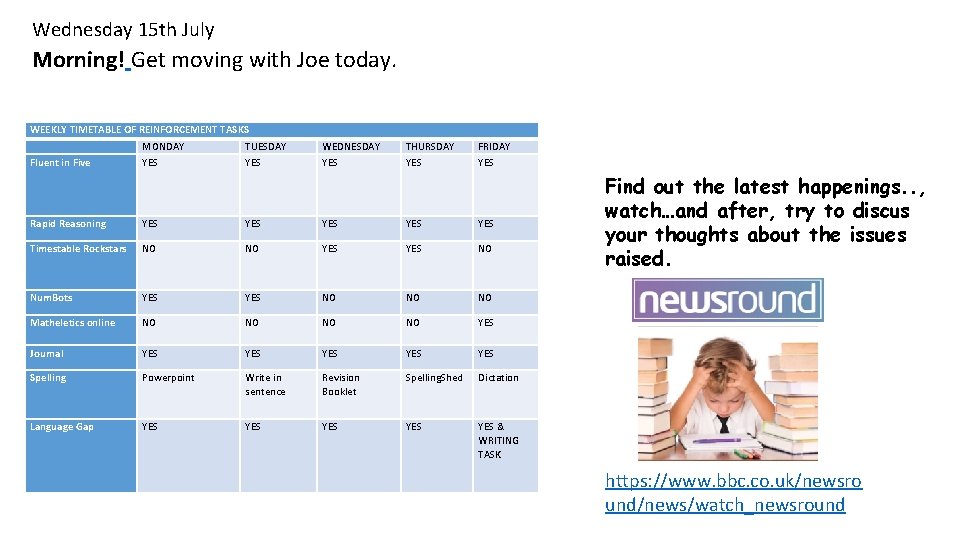 Wednesday 15 th July Morning! Get moving with Joe today. WEEKLY TIMETABLE OF REINFORCEMENT