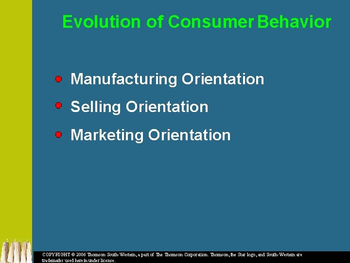Evolution of Consumer Behavior Manufacturing Orientation Selling Orientation Marketing Orientation COPYRIGHT © 2006 Thomson