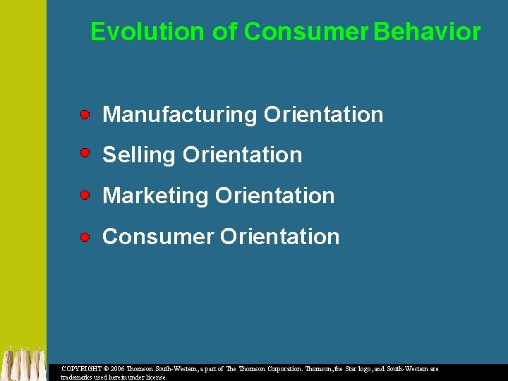 Evolution of Consumer Behavior Manufacturing Orientation Selling Orientation Marketing Orientation Consumer Orientation COPYRIGHT ©