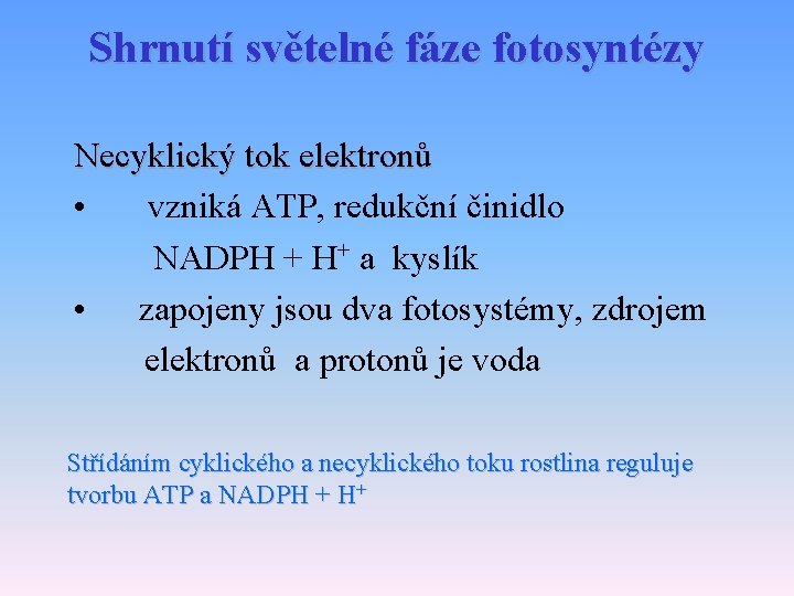 Shrnutí světelné fáze fotosyntézy Necyklický tok elektronů • vzniká ATP, redukční činidlo NADPH + Shrnutí světelné fáze fotosyntézy Necyklický tok elektronů • vzniká ATP, redukční činidlo NADPH +