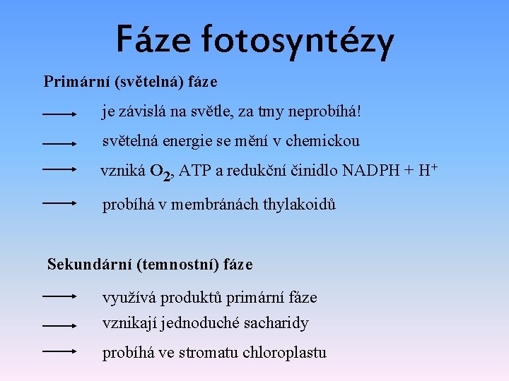 Fáze fotosyntézy Primární (světelná) fáze je závislá na světle, za tmy neprobíhá! světelná energie Fáze fotosyntézy Primární (světelná) fáze je závislá na světle, za tmy neprobíhá! světelná energie