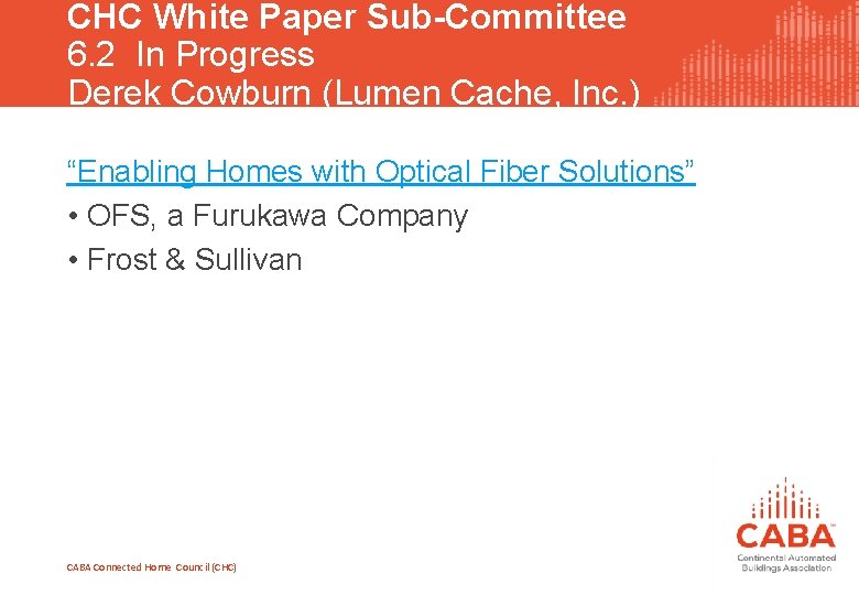 CHC White Paper Sub-Committee 6. 2 In Progress Derek Cowburn (Lumen Cache, Inc. )
