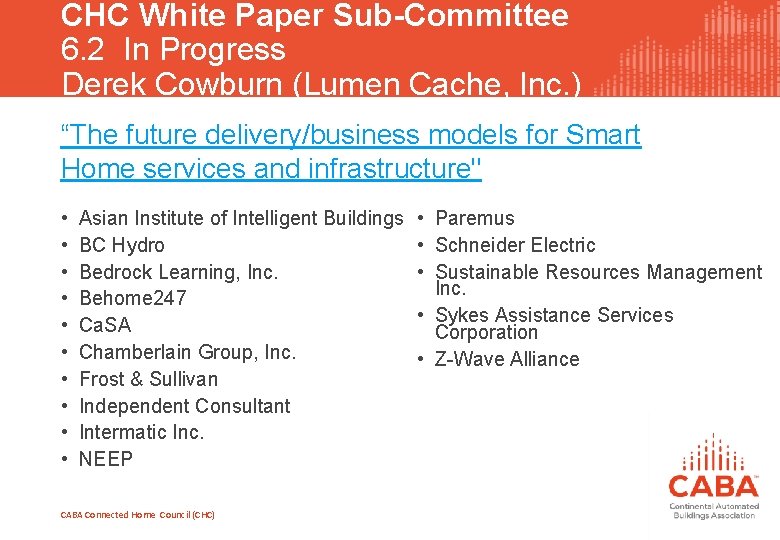 CHC White Paper Sub-Committee 6. 2 In Progress Derek Cowburn (Lumen Cache, Inc. )