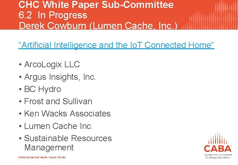 CHC White Paper Sub-Committee 6. 2 In Progress Derek Cowburn (Lumen Cache, Inc. )