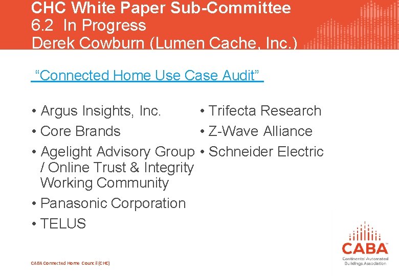 CHC White Paper Sub-Committee 6. 2 In Progress Derek Cowburn (Lumen Cache, Inc. )