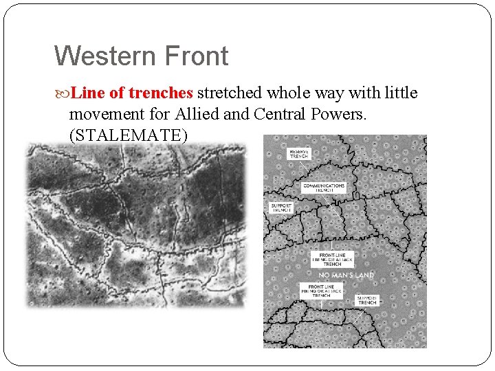 Western Front Line of trenches stretched whole way with little movement for Allied and