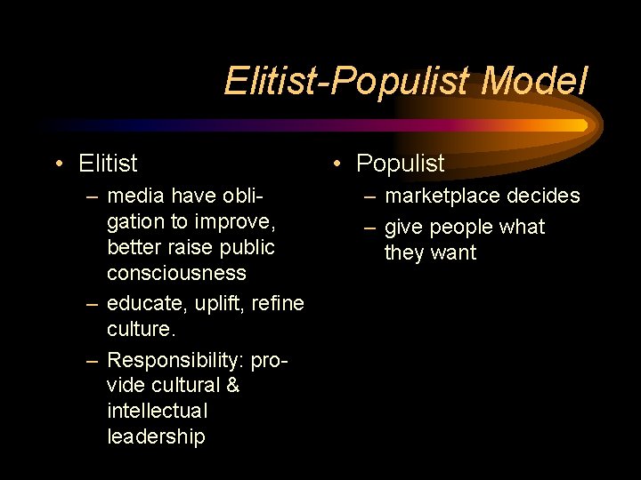 Elitist-Populist Model • Elitist – media have obligation to improve, better raise public consciousness Elitist-Populist Model • Elitist – media have obligation to improve, better raise public consciousness