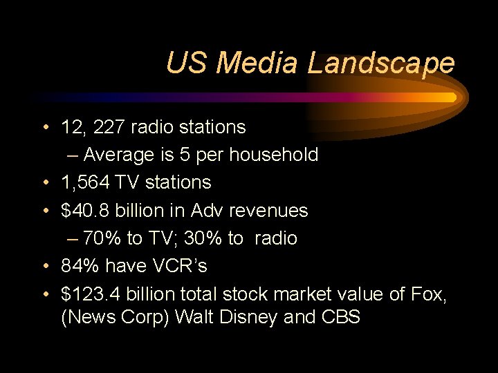 US Media Landscape • 12, 227 radio stations – Average is 5 per household US Media Landscape • 12, 227 radio stations – Average is 5 per household