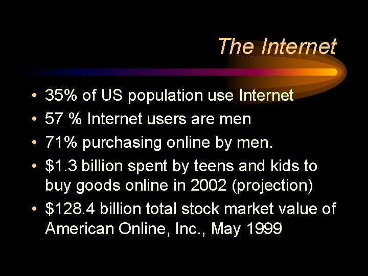 The Internet • • 35% of US population use Internet 57 % Internet users The Internet • • 35% of US population use Internet 57 % Internet users