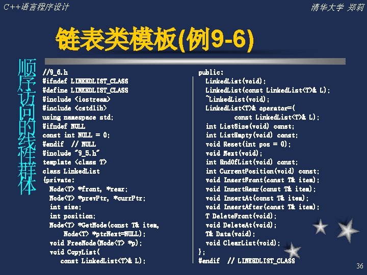 C++语言程序设计 清华大学 郑莉 链表类模板(例9 -6) 顺 序 访 问 的 线 性 群 体