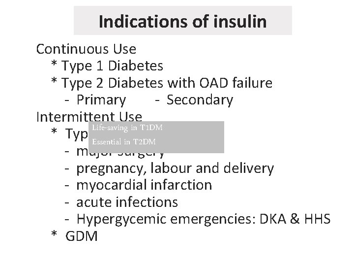 Indications of insulin Continuous Use * Type 1 Diabetes * Type 2 Diabetes with