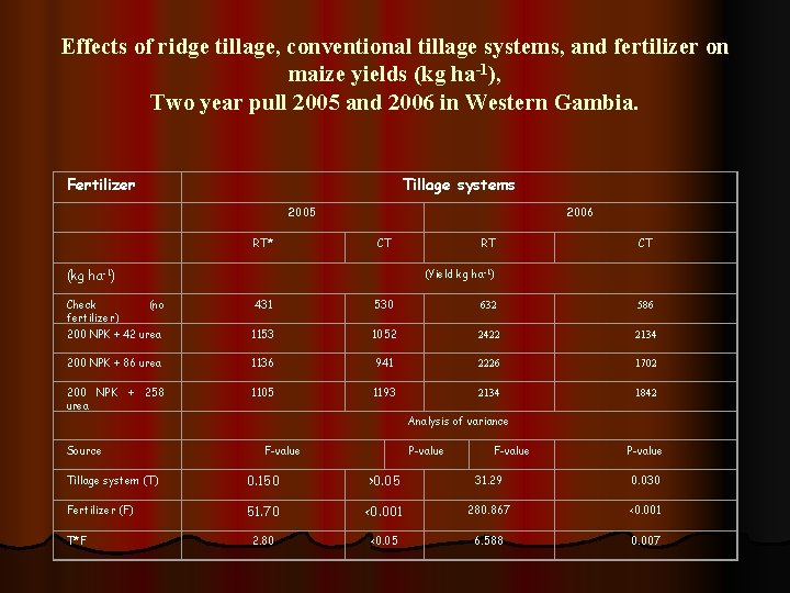 Effects of ridge tillage, conventional tillage systems, and fertilizer on maize yields (kg ha-1),