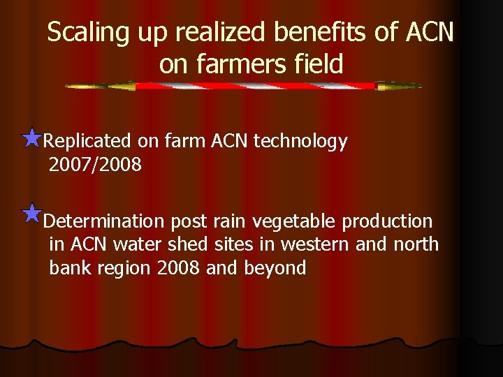 Scaling up realized benefits of ACN on farmers field Replicated on farm ACN technology