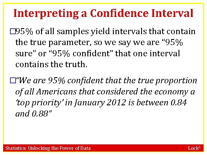 Interpreting a Confidence Interval � 95% of all samples yield intervals that contain the