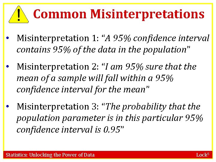 Common Misinterpretations • Misinterpretation 1: “A 95% confidence interval contains 95% of the data