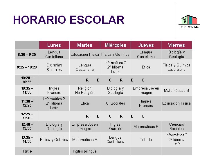 HORARIO ESCOLAR Lunes 8: 30 – 9: 25 Lengua Castellana 9: 25 – 10: