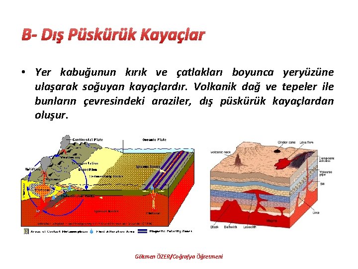 B- Dış Püskürük Kayaçlar • Yer kabuğunun kırık ve çatlakları boyunca yeryüzüne ulaşarak soğuyan