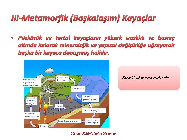 III-Metamorfik (Başkalaşım) Kayaçlar • Püskürük ve tortul kayaçların yüksek sıcaklık ve basınç altında kalarak