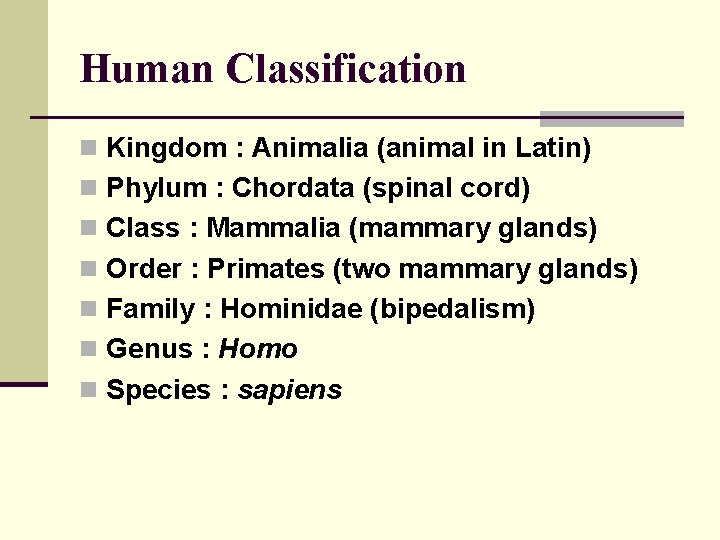 Human Classification n Kingdom : Animalia (animal in Latin) n Phylum : Chordata (spinal