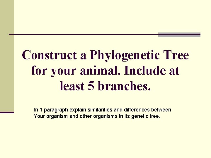 Construct a Phylogenetic Tree for your animal. Include at least 5 branches. In 1