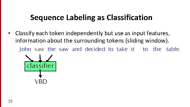 Sequence Labeling as Classification • Classify each token independently but use as input features,