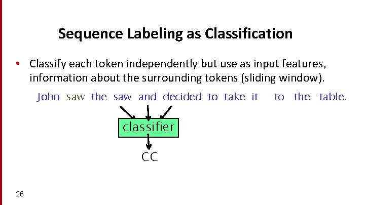 Sequence Labeling as Classification • Classify each token independently but use as input features,