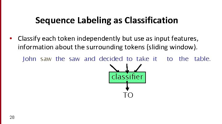 Sequence Labeling as Classification • Classify each token independently but use as input features,