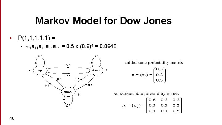Markov Model for Dow Jones • P(1, 1, 1) = • 1 a 11