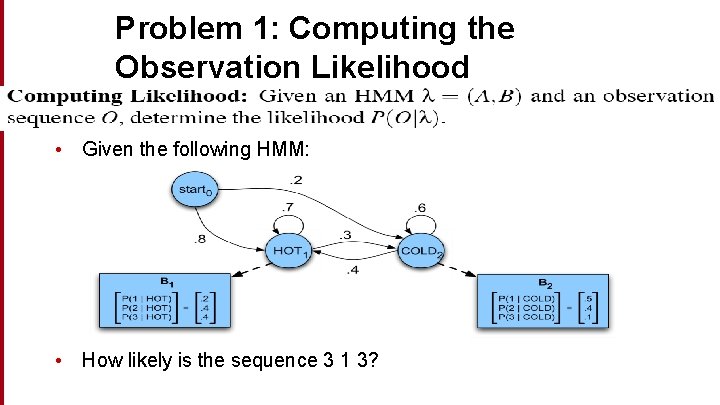 Problem 1: Computing the Observation Likelihood • Given the following HMM: • How likely