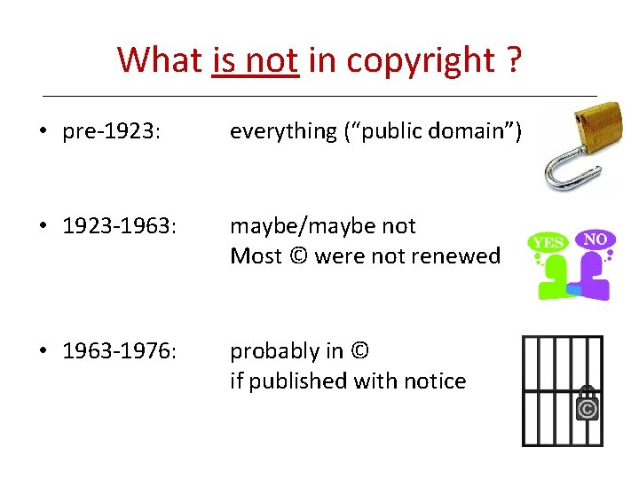 What is not in copyright ? • pre-1923: everything (“public domain”) • 1923 -1963: