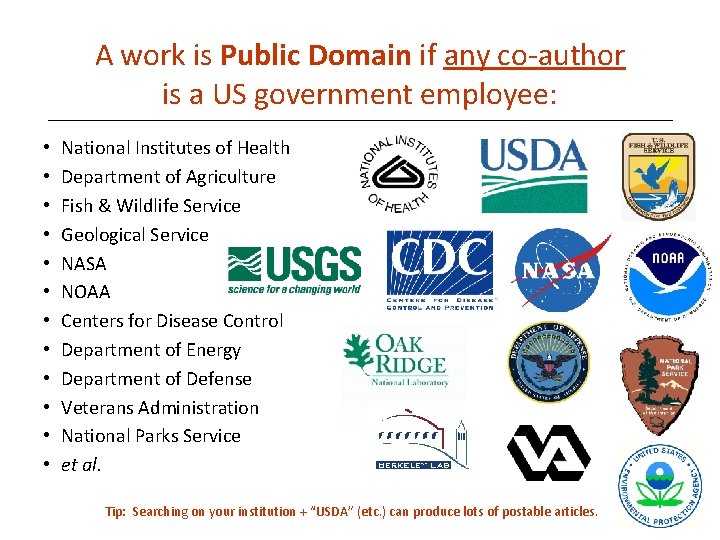 A work is Public Domain if any co-author is a US government employee: •