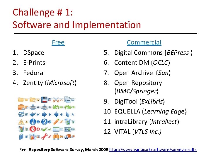 Challenge # 1: Software and Implementation Free 1. 2. 3. 4. DSpace E-Prints Fedora