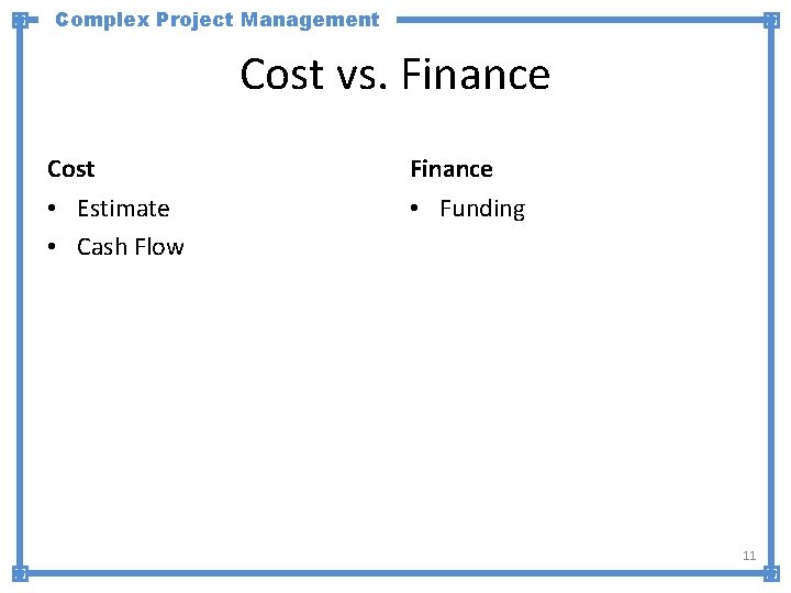 Complex Project Management Cost vs. Finance Cost Finance • Estimate • Cash Flow •