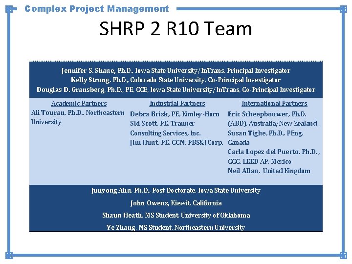 Complex Project Management SHRP 2 R 10 Team Jennifer S. Shane, Ph. D. ,