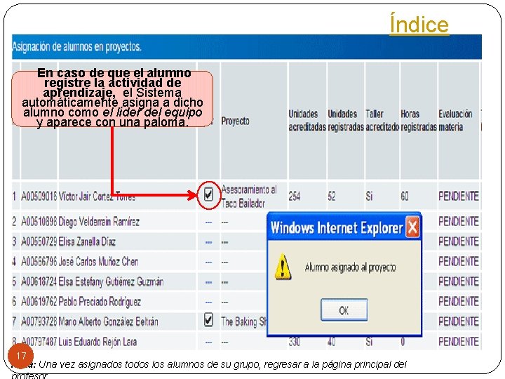 Índice En caso de que el alumno registre la actividad de aprendizaje, el Sistema