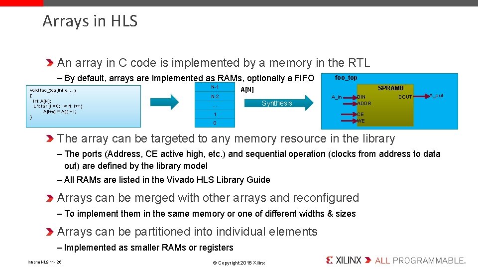 Arrays in HLS An array in C code is implemented by a memory in