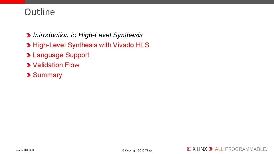 Outline Introduction to High-Level Synthesis with Vivado HLS Language Support Validation Flow Summary Intro