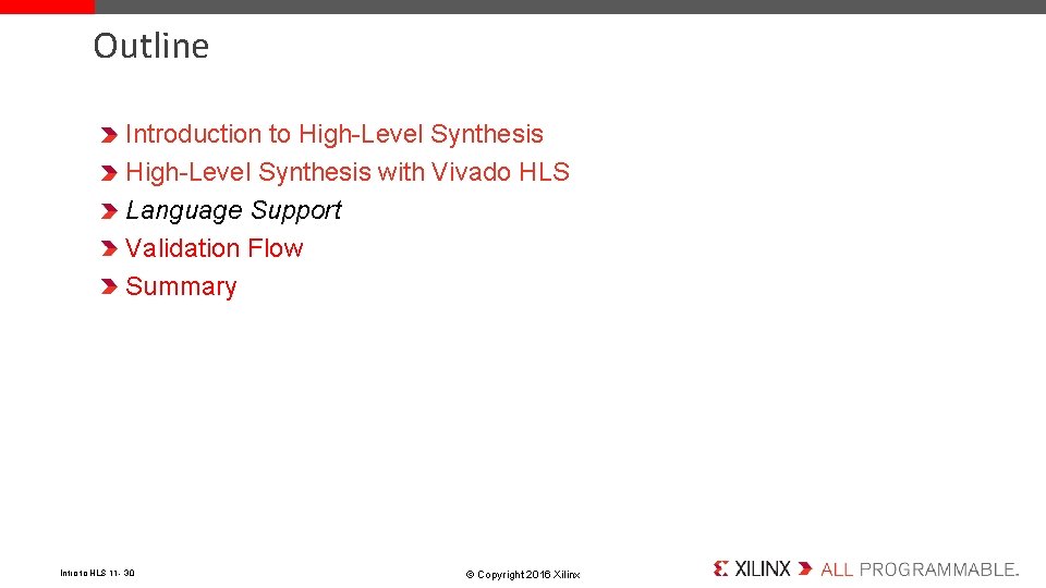 Outline Introduction to High-Level Synthesis with Vivado HLS Language Support Validation Flow Summary Intro