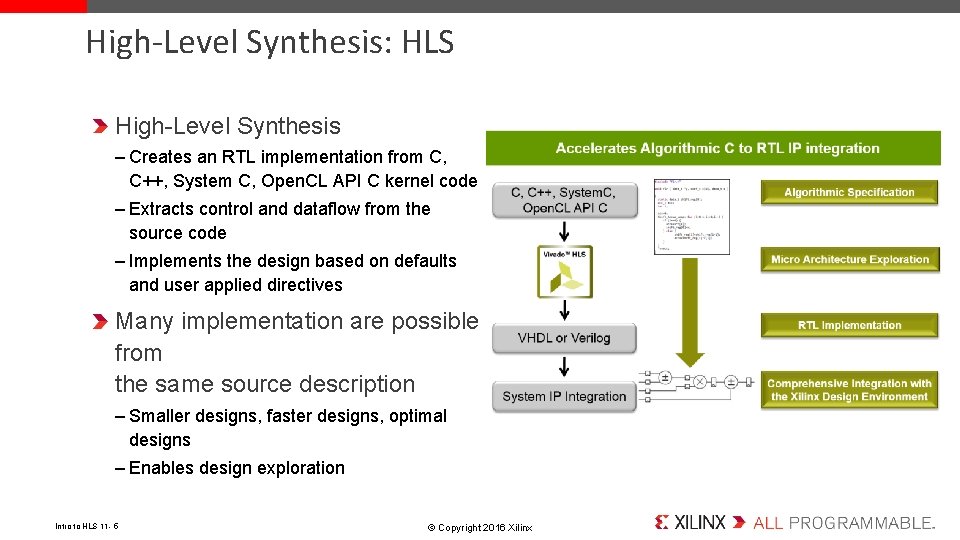 High-Level Synthesis: HLS High-Level Synthesis – Creates an RTL implementation from C, C++, System