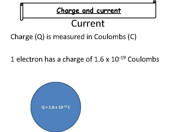 Charge and current Charge (Q) is measured in Coulombs (C) 1 electron has a