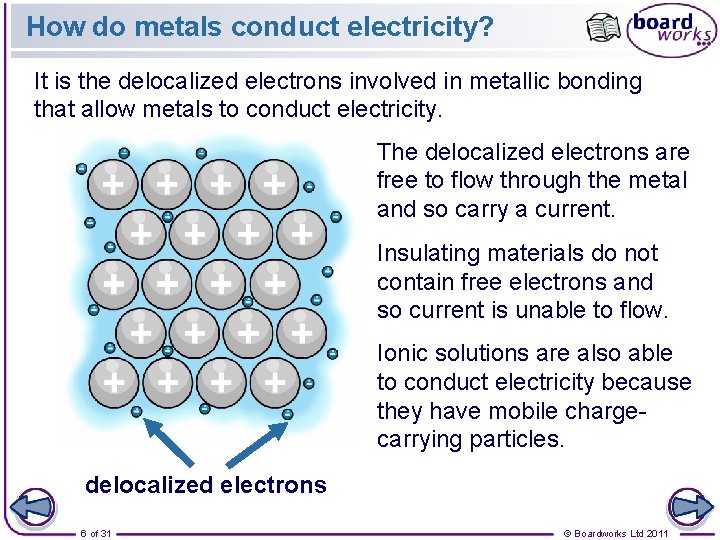 How do metals conduct electricity? It is the delocalized electrons involved in metallic bonding