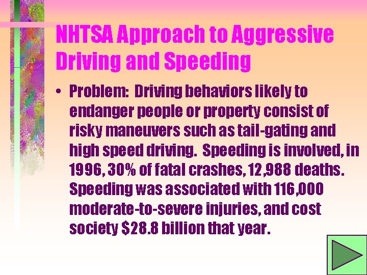 NHTSA Approach to Aggressive Driving and Speeding • Problem: Driving behaviors likely to endanger